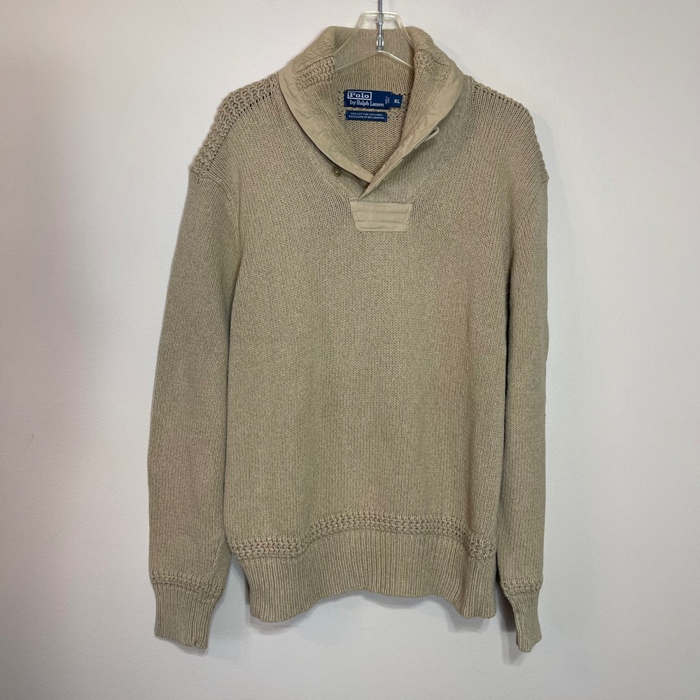 Polo Ralph Lauren Mens Shawl Collar Knit Sweater Tan XL‎ Cotton Linen Blend